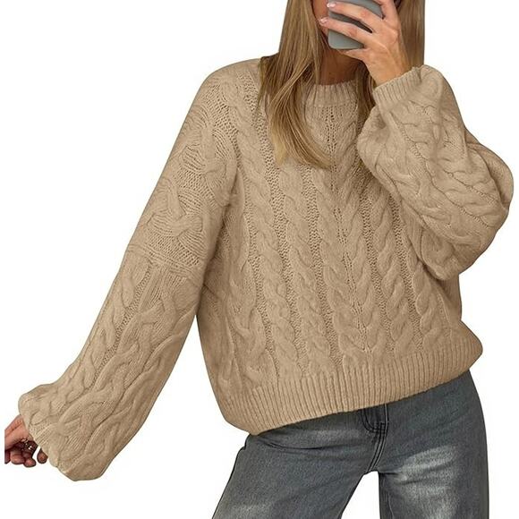 Womens Beige Cropped Chunky Cable Knit Oversized Cozy Fall Crew Neck Sweater LRG - Picture 3 of 3